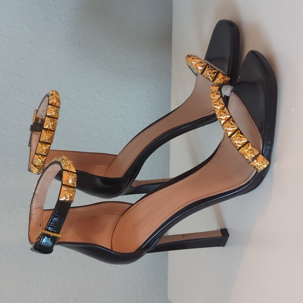 Stuart Weitzman Rosemarie Black Leather Gold Studded heeled Sandals